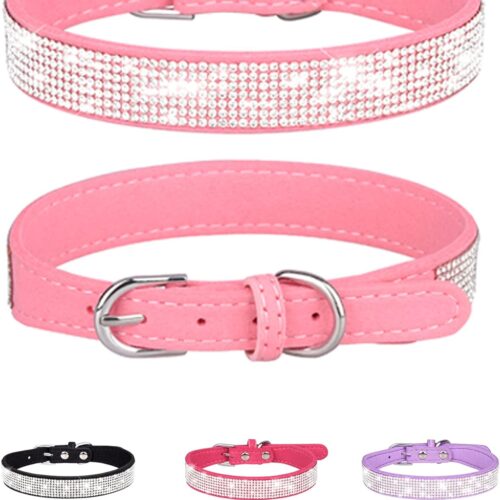 Adjustable Suede Leather Dog Collar with Rhinestones