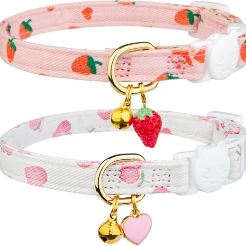 Cotton Cat Collars, Strawberry Heart Print, Breakaway, with Bell Pendants