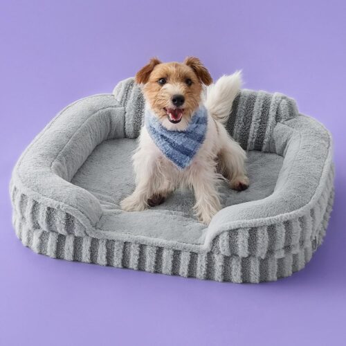 Grey high-back sofa-style pet bed