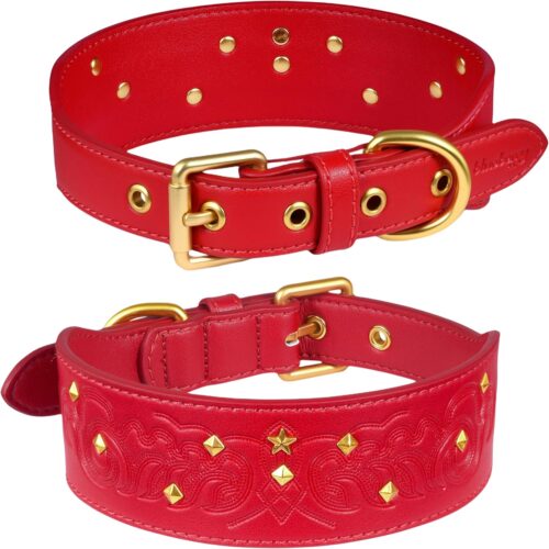 Red Microfiber Leather Dog Collar, Embossed Design